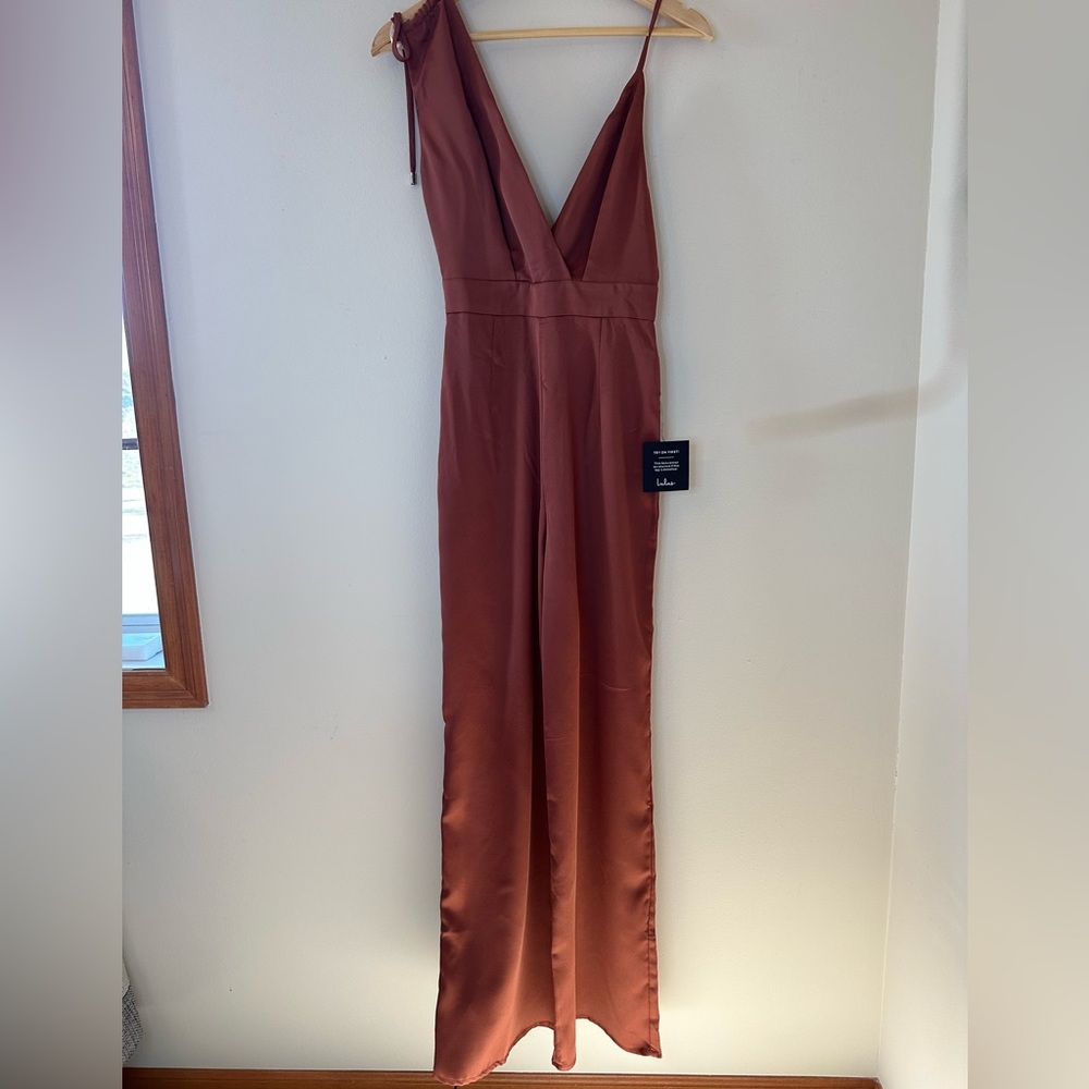 Lulu’s Look of Luxe Rusty Rose Satin Asymmetrical Wide-Leg Jumpsuit - Si… - Picture 5 of 10